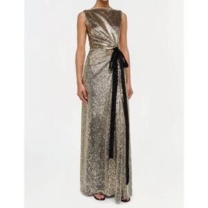 NEW SIMKHAI felicity draped sequin gown in gold multi
